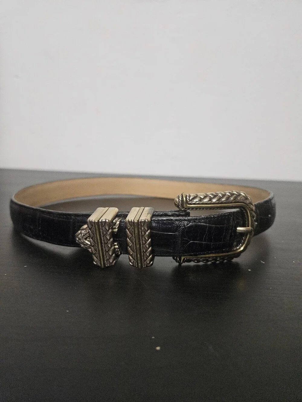 Brighton Women's Black Reptile Pattern Belt W/ Silver & Gold Buckle, sz small